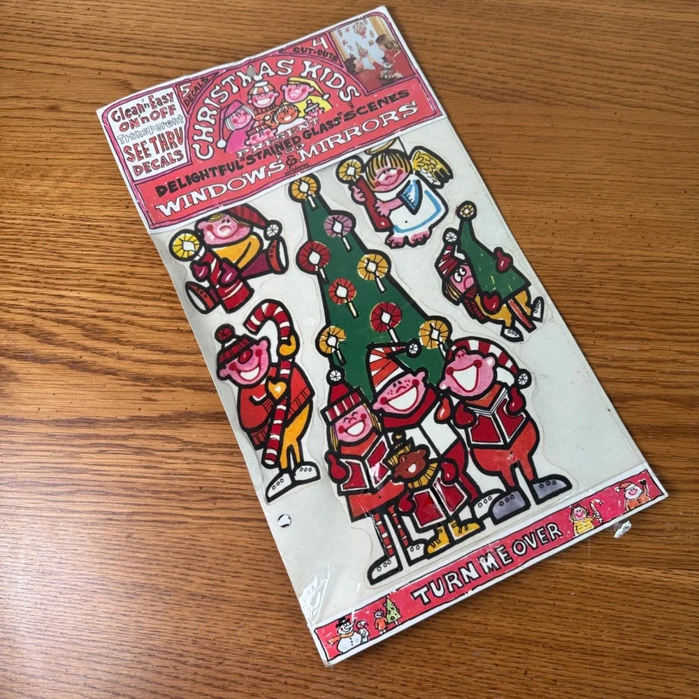 1978 Christmas Kids Window Mirror Decorations‎ Decals Cutouts Vintage